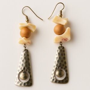 Earrings Pierced Dangles Silver Tan Cream Boho Gypsy Vintage Fishhook